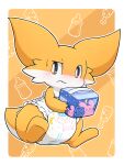  2020 3:4 blush diaper diaper_bag dragon floating fur furgonomics furred_dragon hi_res holding_object orange_body orange_fur rokesys solo white_body white_fur 