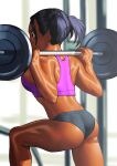  1girl arung_samudra_(cessa) ass black_hair blurry blurry_background cessa covered_mouth dark_skin dark_skinned_female english_commentary from_behind leg_up ombok_diving_and_delivery_services purple_sports_bra short_hair solo sports_bra twintails weightlifting 