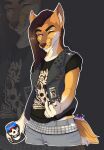  absurd_res anthro beverage bottomwear canid canine canis clothing coyote denim denim_clothing ear_piercing geoff_grimm gesture hi_res jeans male mammal middle_finger one_eye_closed pants patch_(disambiguation) piercing punk purrplepaw shirt soda studded_belt studs topwear vest wink 