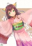  1girl absurdres ahoge animal_ear_fluff animal_ears bangs brown_hair commentary_request dutch_angle eyebrows_visible_through_hair floral_print fox_ears green_eyes hair_between_eyes highres japanese_clothes kimono long_hair long_sleeves looking_at_viewer obi ohiensis original parted_lips pink_kimono print_kimono sash solo twitter_username very_long_hair wide_sleeves 