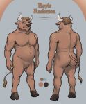  2020 anthro belly black_nose blue_background blue_eyes bovid bovine boyle_(cade_avalon) brown_background brown_body brown_hair brown_skin butt english_text facial_hair goatee hair hi_res hooves horn looking_at_viewer male mammal model_sheet muscular muscular_anthro muscular_male navel nude pimpartist simple_background slightly_chubby solo standing text traditional_media_(artwork) 
