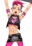  1girl abs arms_up black_collar black_skirt breasts cessa collar crop_top ear_piercing earrings jewelry muscular muscular_female navel npc_trainer open_mouth piercing pink_eyes pink_hair pink_legwear pokemon pokemon_(game) pokemon_swsh short_hair simple_background skirt solo team_yell team_yell_grunt thighhighs torn_clothes torn_skirt underboob undercut vest white_background 