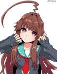  1girl :o ahoge alternate_costume arms_up bangs brown_hair eyebrows_visible_through_hair hair_intakes head_tilt highres huge_ahoge kantai_collection kuma_(kantai_collection) long_hair long_sleeves looking_at_viewer mitsuru_(habihapi) red_eyes red_neckwear sailor_collar twitter_username white_background 