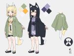  2girls :d animal_ear_fluff animal_ears bangs bike_shorts black_footwear black_hair black_shorts blonde_hair blue_eyes brown_kimono color_guide commentary_request eyebrows_visible_through_hair fox_ears fox_girl fox_tail green_eyes grey_background grin highres japanese_clothes kimono kuro-chan_(kuro_kosyou) kuro_kosyou long_hair long_sleeves looking_at_viewer multiple_girls no_socks obi open_clothes open_mouth original purple_kimono sash short_eyebrows short_kimono short_shorts shorts sleeves_past_wrists smile standing tail thick_eyebrows wide_sleeves yui_(kuro_kosyou) zouri 