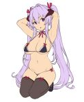  1girl armpits bikini black_bikini black_footwear bow breasts brown_legwear demon_horns detached_collar hair_between_eyes hands_up horns houtengeki large_breasts long_hair looking_at_viewer micro_bikini navel neck_ribbon original parted_lips purple_eyes purple_hair red_bow red_neckwear red_ribbon ribbon shoes simple_background skindentation solo swimsuit thighhighs twintails very_long_hair white_background wing_collar 