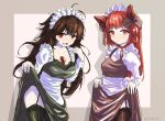  2girls absurdres alternate_costume apron black_hair black_legwear braid breasts close1450 enmaided garter_belt garter_straps highres kaenbyou_rin lifted_by_self long_hair maid maid_apron maid_headdress multiple_girls red_eyes red_hair reiuji_utsuho thighhighs touhou twin_braids 