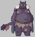  2021 absurd_res anthro anthrofied balls belly black_body bottomwear clothing dragon dreamworks flaccid genitals hi_res how_to_train_your_dragon humanoid_genitalia humanoid_penis loincloth male mikrogoat moobs navel night_fury nipples overweight overweight_anthro overweight_male penis scalie simple_background solo toothless western_dragon 
