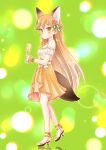  1girl alternate_costume animal_ears bare_shoulders blush champagne_flute commentary_request cup drinking_glass extra_ears eyebrows_visible_through_hair ezo_red_fox_(kemono_friends) flower fox_ears fox_girl fox_tail full_body hair_flower hair_ornament high_heels kemono_friends kuromitsu_(9633_kmfr) long_hair looking_at_viewer multicolored_hair orange_hair orange_skirt puffy_short_sleeves puffy_sleeves shirt short_sleeves skirt solo tail white_hair white_shirt yellow_eyes 