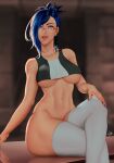  1girl blue_eyes blue_hair blurry blurry_background bottomless braid breasts choker crop_top crossed_legs darkra earrings final_fantasy final_fantasy_xiv glasses highres hyur jewelry large_breasts lips looking_at_viewer nail_polish navel open_mouth reflection rimless_eyewear short_hair sitting sleeveless solo thighhighs underboob white_legwear 
