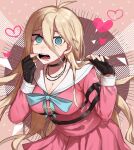  1girl antenna_hair bangs barbed_wire black_gloves blonde_hair blue_eyes blush breasts choker cleavage collarbone commentary_request crying crying_with_eyes_open danganronpa_(series) danganronpa_v3:_killing_harmony fingerless_gloves gloves hair_between_eyes hands_up heart heart_background highres iruma_miu large_breasts leaning_forward long_hair long_sleeves looking_at_viewer medium_breasts open_mouth pink_shirt pink_skirt pleated_skirt sailor_collar saliva school_uniform serafuku shindyushiyou shirt skirt solo tears teeth very_long_hair 