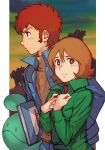  1boy 1girl amuro_ray blue_jacket book brown_eyes brown_hair framed frau_bow freckles green_jacket gundam haro holding holding_book hungry_clicker jacket long_sleeves looking_at_viewer looking_to_the_side mecha mobile_suit_gundam parted_lips red_hair red_shirt retro_artstyle shirt short_hair yellow_shirt zaku_ii 