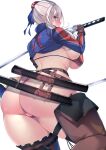  1girl absurdres ass asymmetrical_legwear bikini blue_eyes blush breasts brown_gloves commentary_request fate/grand_order fate_(series) gloves grin highres huge_ass katana large_breasts looking_at_viewer looking_back miyamoto_musashi_(fate/grand_order) miyamoto_musashi_(swimsuit_berserker)_(fate) short_hair silver_hair simple_background smile solo swimsuit sword thick_thighs thighs weapon white_background yoshito_(muyoshito207) 