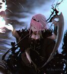  1girl artist_name bangs black_dress blunt_bangs breasts cleavage crossed_legs detached_sleeves dress english_commentary hair_behind_ear highres holding holding_scythe hololive hololive_english large_breasts mori_calliope open_hand pink_hair red_eyes ripples scythe see-through_sleeves single_detached_sleeve single_thighhigh sitting solo sorrowny thighhighs tiara veil virtual_youtuber water 