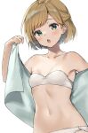  1girl bandeau bangs bare_arms bare_shoulders bikini blush breasts brown_hair collarbone eyebrows_visible_through_hair green_eyes half_updo highres holding holding_towel looking_at_viewer midorikawa_you navel open_mouth original short_hair simple_background small_breasts solo strapless strapless_bikini swimsuit towel white_background white_bikini 