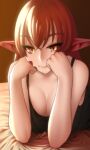  1girl arm_support bare_arms bare_shoulders bed black_shirt blanket breasts cleavage closed_mouth downblouse eyebrows_visible_through_hair hair_between_eyes hands_on_own_cheeks hands_on_own_face highres large_breasts lips loen-lapae long_hair looking_at_viewer lying miia_(monster_musume) monster_girl monster_musume_no_iru_nichijou on_stomach orange_eyes pointy_ears red_hair scales shirt simple_background sleeveless sleeveless_shirt slit_pupils smile solo 