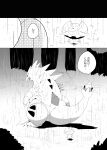  ambiguous_gender duo espurr felid feline feral hi_res japanese_text mammal monochrome nintendo pok&eacute;mon pok&eacute;mon_(species) raining text translation_request tyranitar video_games winte 