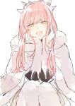  1girl bangs blunt_bangs blush commentary_request elbow_gloves elbows_on_knees fate/grand_order fate_(series) fur_coat gloves hands_on_own_cheeks hands_on_own_face long_hair looking_at_viewer medb_(fate)_(all) medb_(fate/grand_order) open_mouth pink_hair shima_f0509 simple_background sketch solo tiara white_background white_legwear yellow_eyes 