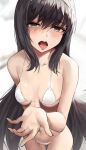  1girl bikini black_eyes black_hair blush breasts cleavage collarbone hair_between_eyes hairband highres long_hair looking_at_viewer medium_breasts navel open_mouth outstretched_hand simple_background solo suou-sensei swimsuit thighs tohno_akiha tongue tongue_out tsukihime white_background white_bikini 