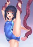  1girl arm_grab arm_up armpits ass black_hair blue_eyes blue_swimsuit bosshi breasts cameltoe competition_swimsuit covered_navel covered_nipples highres himenogi_rinze imminent_rape leg_grab leg_lift leg_up legs love_r one-piece_swimsuit open_mouth outstretched_arm purple_background restrained short_hair simple_background small_breasts split standing standing_on_one_leg standing_split swimsuit tentacle_grab tentacles thighs 