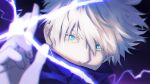  1boy bangs black_jacket blue_eyes crossed_fingers electricity eyelashes gojou_satoru hair_between_eyes hand_up high_collar highres jacket jujutsu_kaisen liran_(iro) looking_at_viewer male_focus portrait purple_background short_hair solo white_hair 