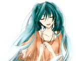  1girl alternate_costume aqua_hair bead_necklace beads casual closed_eyes collarbone commentary earrings hand_on_own_chest hatsune_miku jewelry naoto necklace open_mouth orange_shirt shirt solo twintails upper_body vocaloid white_background 