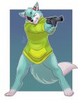  2021 aiming anthro blue_body blue_fur canid canine clothing dipstick_tail eye_patch eyebrows eyes_closed eyewear fish_(nuclear_throne) fox fur fur_markings gun handgun hi_res hoodie lavenderpandy male mammal markings multicolored_tail nuclear_throne parody ranged_weapon revolver roflfox solo toothpick topwear weapon white_body white_fur 
