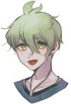  1boy :d amami_rantarou bangs bbjj_927 collarbone danganronpa_(series) danganronpa_v3:_killing_harmony ear_piercing earrings face green_eyes green_hair hair_between_eyes highres jewelry looking_at_viewer male_focus necklace open_mouth piercing shirt short_hair simple_background smile solo striped striped_shirt upper_body white_background 