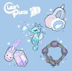  alternate_color blue_background bottle bubble character_name clair_(pokemon) commentary earmuffs gen_2_pokemon gen_3_pokemon gen_6_pokemon goomy kingdra legendary_pokemon liquid pokemon rayquaza shiny_pokemon sparkle watermark yamato-leaphere 