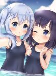  2girls absurdres arm_around_shoulder black_hair blue_eyes blue_hair blue_swimsuit blush cloud covered_navel face-to-face fuiba_fuyu gochuumon_wa_usagi_desu_ka? hair_ornament hairclip highres kafuu_chino long_hair multiple_girls one-piece_swimsuit one_eye_closed outdoors outstretched_arm partially_submerged school_swimsuit self_shot shinonome_meguri short_hair side_ponytail sky swimsuit upper_body wading water 
