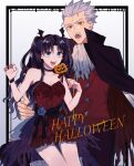  1boy 1girl archer bangs bat_hair_ornament black_hair black_ribbon blue_eyes blue_flower cape choker collarbone commentary_request cowboy_shot dark_skin dress fangs fate/stay_night fate_(series) flower grey_hair hair_ornament halloween halloween_costume hand_on_hip hands_up highres hover_hand jack-o&#039;-lantern long_hair looking_at_viewer nail_polish open_mouth red_cape red_dress red_nails red_vest ribbon shimatori_(sanyyyy) tohsaka_rin torn_cape torn_clothes two-sided_cape two-sided_fabric two_side_up vampire_costume vest white_background 