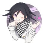  1boy bangs black_hair blush checkered checkered_neckwear checkered_scarf commentary_request danganronpa_(series) danganronpa_v3:_killing_harmony grin hair_between_eyes hands_up jacket long_sleeves looking_at_viewer male_focus nico_(nico_alice) one_eye_closed ouma_kokichi outside_border purple_eyes scarf short_hair simple_background smile solo star_(symbol) straitjacket upper_body white_background white_jacket 