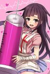  1girl :d apron bandaged_arm bandaged_leg bandages bangs black_hair blunt_bangs blush breasts brown_eyes collared_shirt commentary_request danganronpa_(series) danganronpa_2:_goodbye_despair dress_shirt heart holding long_hair looking_at_viewer medium_breasts nico_(nico_alice) nurse open_mouth oversized_object pink_background pink_shirt print_apron puffy_short_sleeves puffy_sleeves purple_eyes shirt short_sleeves skirt smile solo tsumiki_mikan upper_teeth white_apron 
