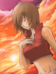  1girl bare_arms brown_hair closed_eyes commentary crop_top dutch_angle hand_on_own_chest kurota meiko midriff navel ocean orange_sky outdoors parted_lips red_nails red_shirt shirt short_hair sky solo sunset upper_body vocaloid 