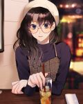  1girl alternate_costume bad_arm bangs black_hair black_sweater blue_eyes blurry blurry_background brown_dress commentary_request cup depth_of_field dress drinking_glass drinking_straw fate/stay_night fate_(series) glass glasses highres holding ice ice_cube indoors long_hair long_sleeves looking_at_viewer parted_lips plaid plaid_dress round_eyewear shimatori_(sanyyyy) shiny shiny_hair sleeveless sleeveless_dress smile solo sweater table tohsaka_rin upper_body window wooden_table 