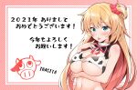  1girl 2021 absurdres akai_haato animal_print arm_under_breasts bangs bare_arms bare_shoulders bell blonde_hair blush breasts chinese_zodiac cleavage commentary_request cow_girl cow_print eyebrows_visible_through_hair hair_ornament heart heart_hair_ornament highres hololive inagita large_breasts long_hair looking_at_viewer navel o-ring o-ring_bikini one_side_up open_mouth polka_dot polka_dot_background red_neckwear red_ribbon ribbon solo stomach striped striped_ribbon tongue tongue_out translation_request underboob upper_body very_long_hair virtual_youtuber white_background white_ribbon year_of_the_ox 