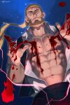  1boy abs bara bare_pecs beard black_pants blonde_hair blood blood_splatter bloody_hands bulge character_request dutch_angle facial_hair fingers foreshortening fullmetal_alchemist guro hair_slicked_back highres long_hair male_focus muscular muscular_male navel night night_sky nipples old old_man open_clothes open_hands open_shirt pants pectorals ponytail powerlesssong shirt sky solo stomach white_shirt wind 