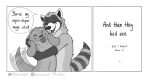  2021 absurd_res anthro comic dialogue digital_drawing_(artwork) digital_media_(artwork) duo english_text eyes_closed felix_(nik159) greyscale hi_res hug humor imminent_sex lutrine male mammal monochrome mustelid nik159 nik_(nik159) open_mouth open_smile procyonid raccoon romantic_couple simple_background smile tailwag text tongue tongue_out url white_background 