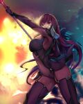  1girl armor bodysuit breasts covered_navel fate/grand_order fate_(series) gae_bolg hair_intakes large_breasts leotard long_hair open_mouth pauldrons polearm purple_bodysuit purple_hair purple_leotard red_eyes scathach_(fate)_(all) scathach_(fate/grand_order) shoulder_armor solo spear very_long_hair weapon yuhji 