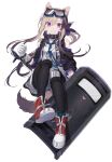  1girl absurdres animal_ears arknights arm_blade cardigan_(arknights) dog_ears dog_tail gloves goggles goggles_on_head highres ji_mag_(artist) long_hair pantyhose purple_eyes riot_shield shorts smile tail weapon white_gloves 