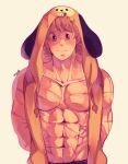  1boy abs addy_(@vegeebs) animal_costume bare_pecs bare_shoulders blonde_hair blue_eyes blush boku_no_hero_academia dog_costume highres looking_at_viewer male_focus muscular muscular_male navel nipples pectorals scar scar_on_arm scar_on_chest short_hair sleeveless sleeveless_jacket smile solo stomach togata_mirio upper_body 