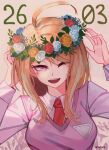  1girl :d ahoge akamatsu_kaede bangs blonde_hair breasts collared_shirt commentary danganronpa_(series) danganronpa_v3:_killing_harmony dated flower flower_wreath hair_ornament hands_up head_wreath highres large_breasts long_hair long_sleeves looking_at_viewer musical_note musical_note_hair_ornament necktie one_eye_closed open_mouth pink_eyes pink_flower pink_vest red_flower red_neckwear red_rose remonoart rose shirt smile solo twitter_username upper_body upper_teeth vest white_flower white_shirt yellow_flower 
