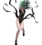  1girl bangs bare_legs between_legs black_dress black_footwear blush breasts closed_mouth collarbone covering covering_crotch curly_hair dress dress_lift dress_tug floating_hair full_body green_eyes green_hair groin hand_between_legs highres jourd4n leg_up long_sleeves looking_at_viewer looking_down no_panties one-punch_man pale_skin shoes simple_background small_breasts tatsumaki white_background 