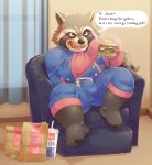  2021 absurd_res anthro aotoaka belly blush bottomwear brown_body brown_fur bulge burger clothed clothing detailed_background english_text food fur furniture gloves guardians_of_the_galaxy handwear hi_res humanoid_hands kemono male mammal marvel overweight overweight_anthro overweight_male pants procyonid raccoon rocket_raccoon sitting sofa solo text 
