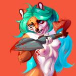 1:1 absurd_res angry anthro baring_teeth blood blood_on_arm blood_on_breast blood_on_face blue_eyes blue_hair bodily_fluids breasts canid canine countershade_face countershade_torso countershading digital_media_(artwork) digital_painting_(artwork) female fox fur gradient_hair green_hair hair half-length_portrait hi_res holding_object holding_spear holding_weapon kir&#039;hala mammal melee_weapon navel niktarin nipples nude orange_backgroynd orange_body orange_fur pink_nipples polearm portrait shaded signature solo spear teeth threatening weapon white_body white_countershading white_fur 