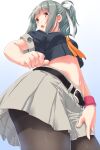  1girl belt blue_background blush breasts brown_eyes cropped_shirt dd_(ijigendd) from_below gradient gradient_background green_hair grey_shirt grey_skirt highres kantai_collection medium_hair midriff open_mouth pantyhose pleated_skirt ponytail remodel_(kantai_collection) shirt short_sleeves skirt small_breasts solo wristband yuubari_(kantai_collection) 