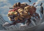  absurdres alkham cloud glowing glowing_eyes highres looking_ahead mecha no_humans open_mouth rising_liger ruins running science_fiction sharp_teeth sky solo teeth zoids zoids_wild zoids_wild_zero 