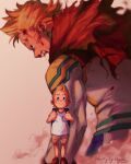  1boy addy_(@vegeebs) age_progression beige_shorts blonde_hair blood blood_on_face blue_eyes blush bodysuit boku_no_hero_academia cape child colorized fighting_stance from_behind full_body highres horikoshi_kouhei male_focus messy_hair muscular muscular_male open_mouth serious shirt short_hair shouting smile spiked_hair togata_mirio torn_cape torn_clothes white_bodysuit white_shirt 