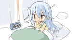  ... 1girl alarm_clock alternate_costume blue_eyes clock commentary_request curtains futon hibiki_(kantai_collection) hizuki_yayoi kantai_collection long_hair messy_hair pajamas pillow silver_hair sitting solo spoken_ellipsis 