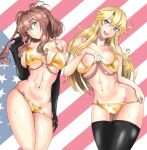  1girl american_flag_background black_gloves black_legwear blonde_hair blue_eyes breasts brown_hair commentary_request cowboy_shot elbow_gloves gloves gold_bikini highres iowa_(kantai_collection) kantai_collection ken_(shutenndouji1) large_breasts long_hair ponytail saratoga_(kantai_collection) side_ponytail sidelocks solo standing thighhighs 