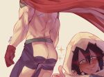  2boys addy_(@vegeebs) amajiki_tamaki ass ass_focus back black_hair blue_eyes blush bodysuit boku_no_hero_academia cape couple from_behind head_out_of_frame hood hood_up male_focus multiple_boys muscular muscular_male pointy_ears red_cape short_hair slit_pupils thighs thumbs_up togata_mirio white_bodysuit yaoi 